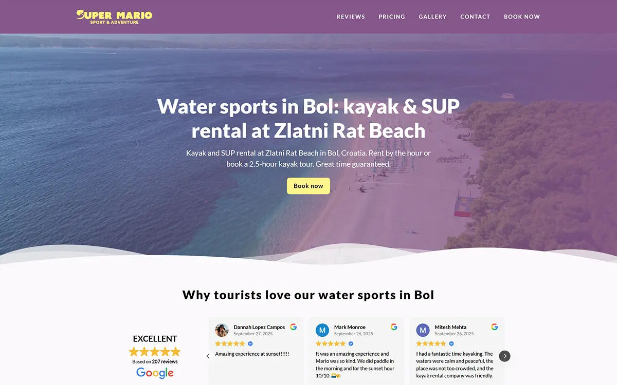 Super Mario water-sports booking website homepage